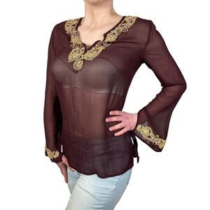 POW Wow Brown and Cream Long Sleeve Top